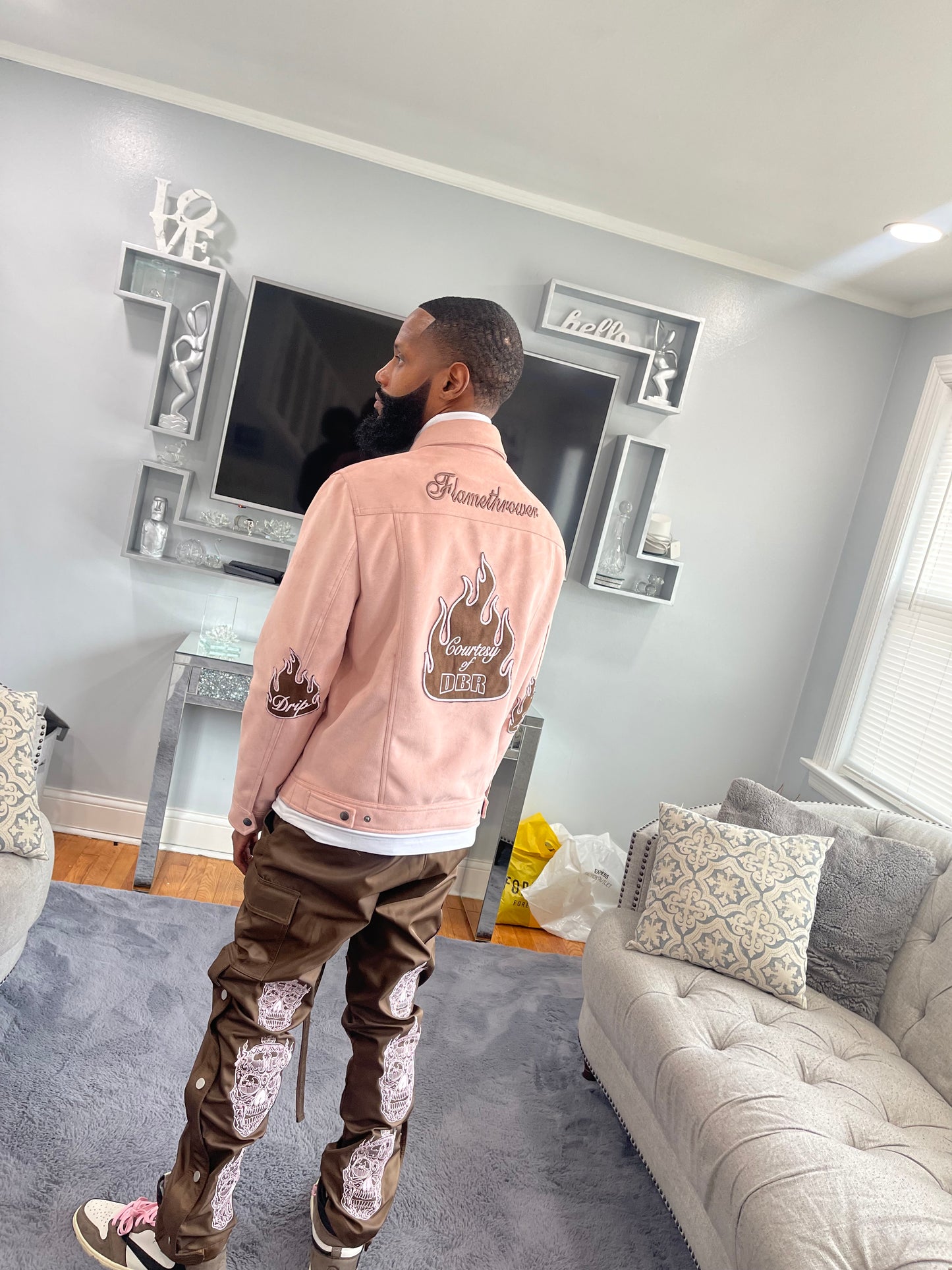 Brown Cargo Pants with Dusty Pink Skull embroidery