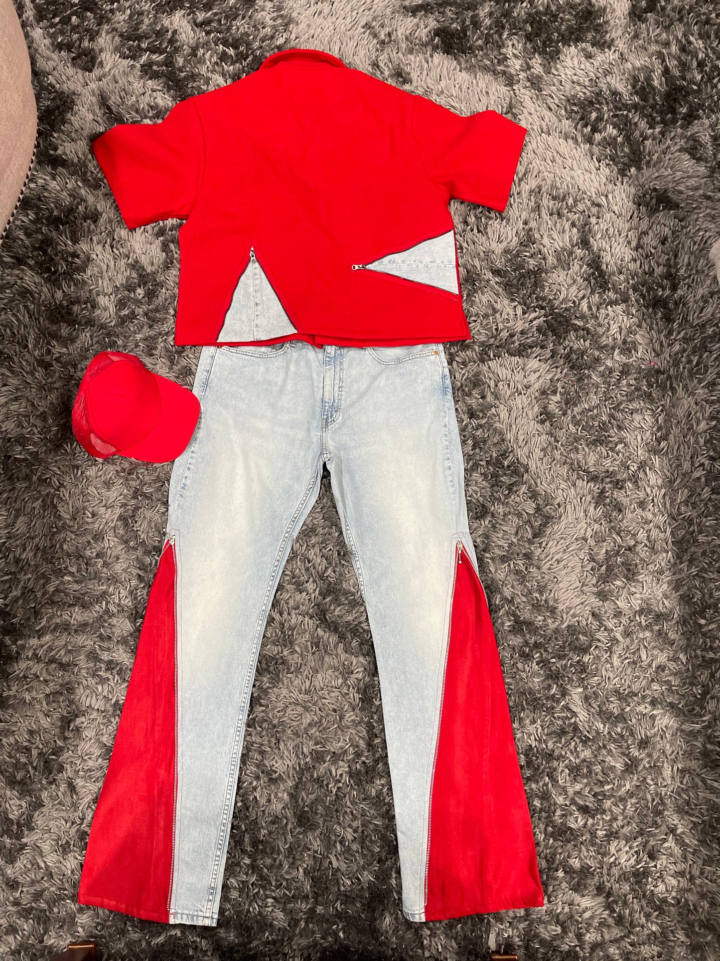 “Reworked Levi’s Light Denim” with Red Flare with matching shirt