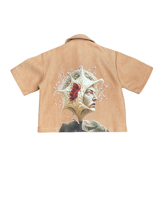 Coral/Beige Cropped Button-Up