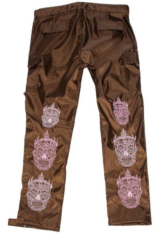 Brown Cargo Pants with Dusty Pink Skull embroidery