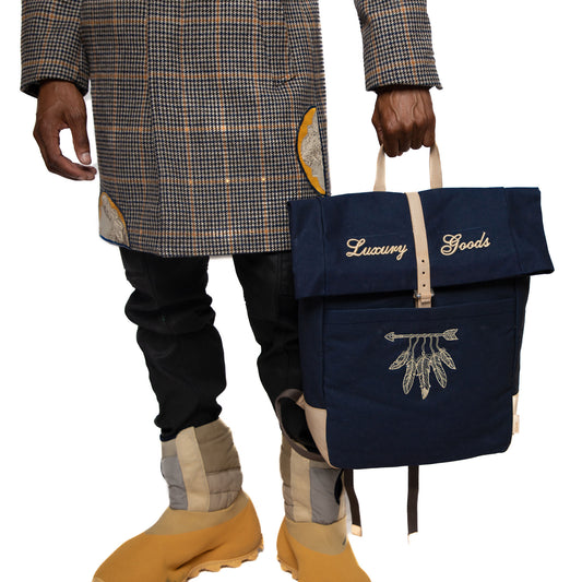 “LUXURY GOODS” Navy Canvas Backpack