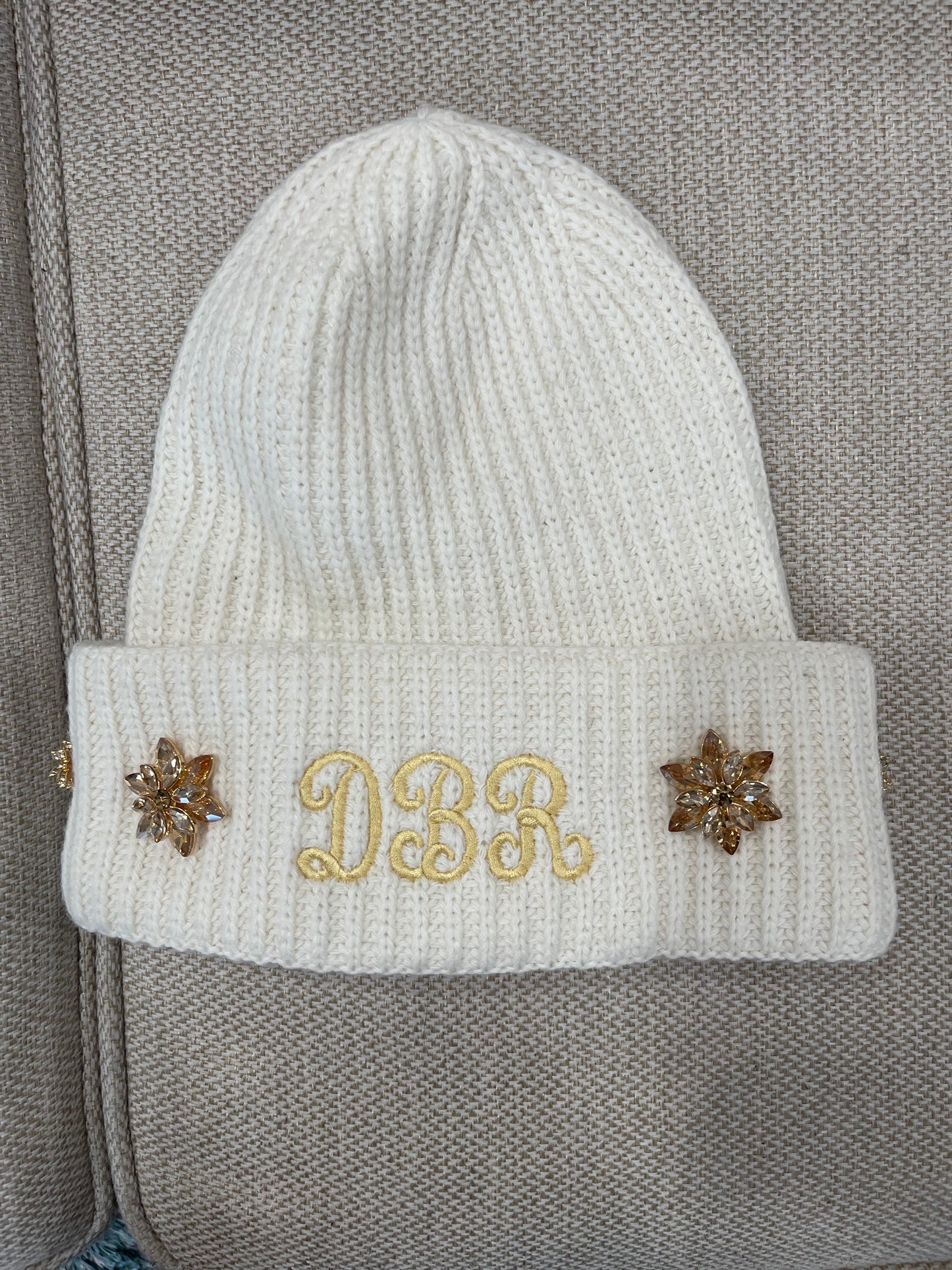 “DBR” Beanie with CRYSTAL BUTTONS