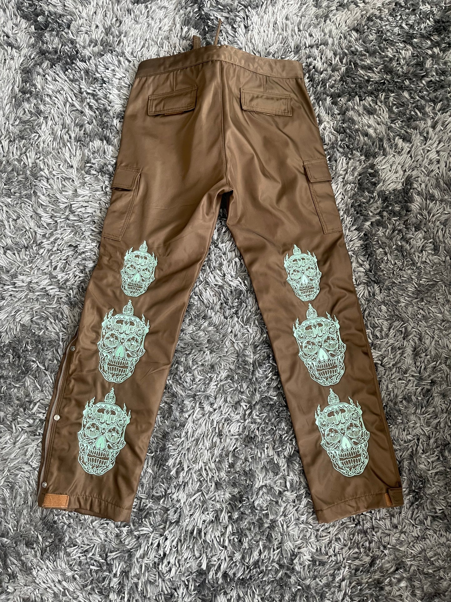 Brown Cargo Pants with Mint Skull embroidery