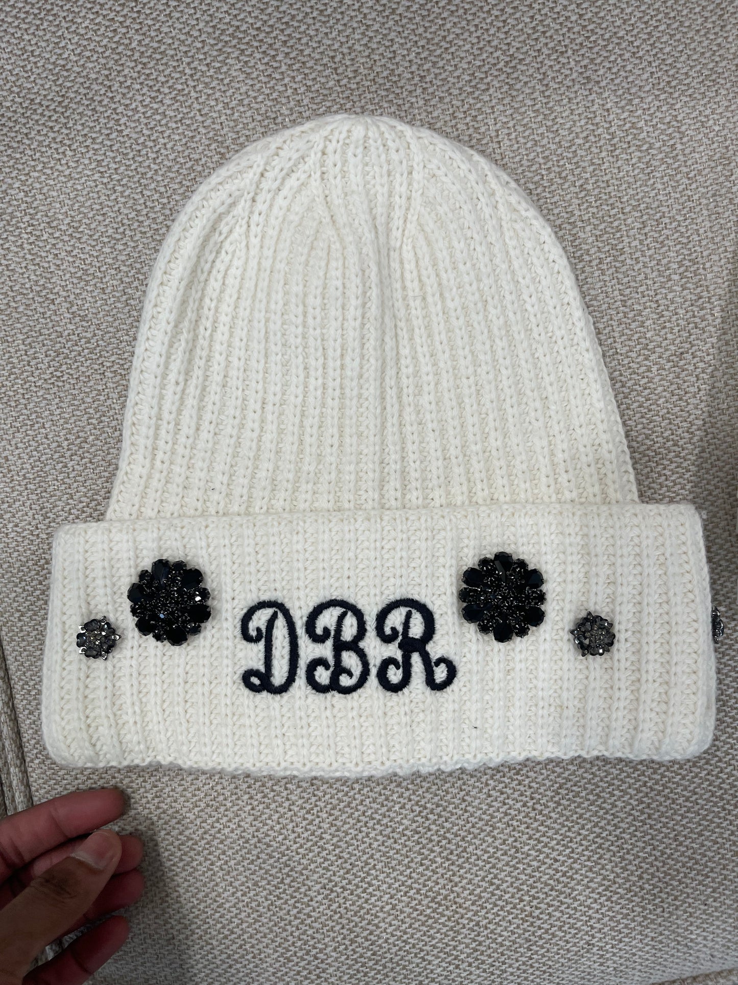 “DBR” Beanie with CRYSTAL BUTTONS
