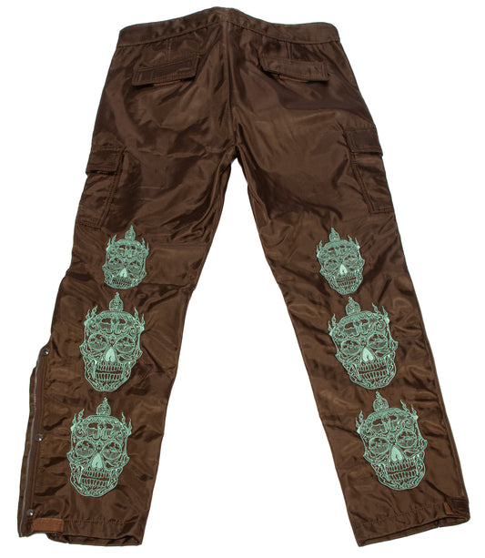 Brown Cargo Pants with Mint Skull embroidery