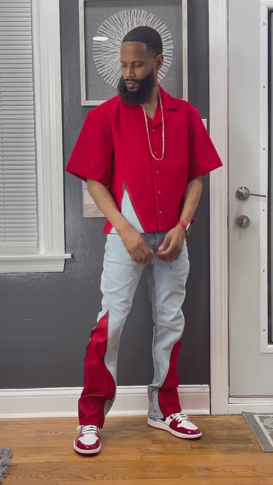 “Reworked Levi’s Light Denim” with Red Flare with matching shirt
