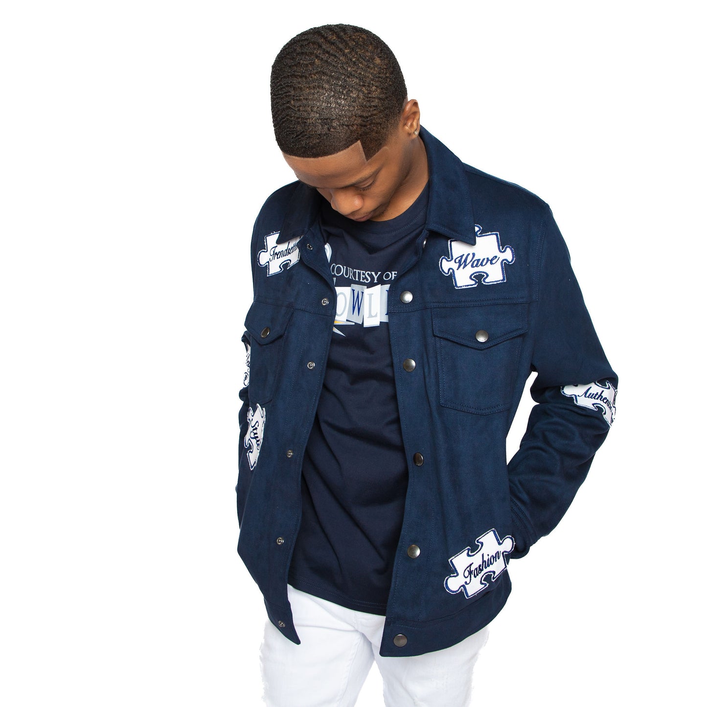 “Pieces to the Puzzle” Suede Trucker (Navy)