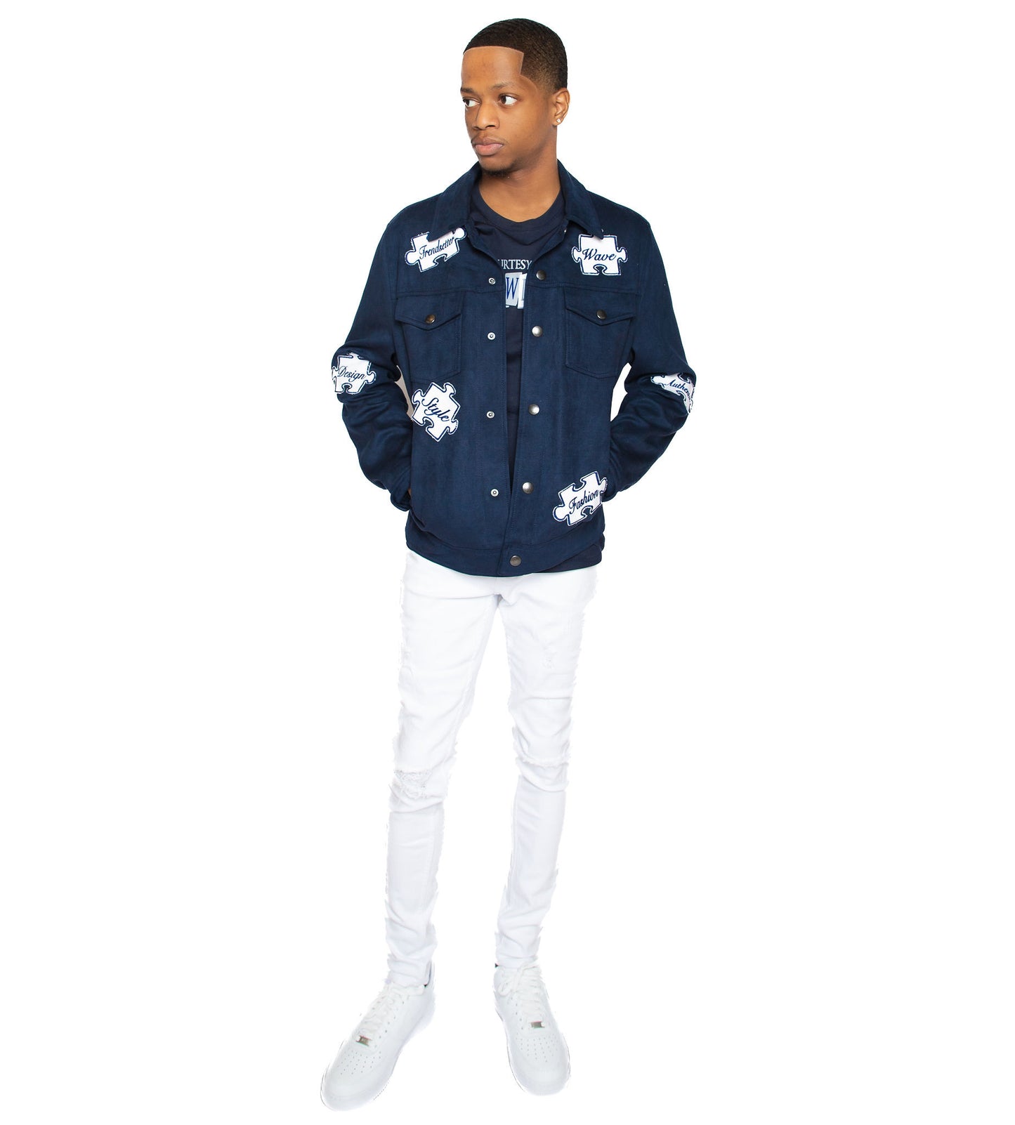 “Pieces to the Puzzle” Suede Trucker (Navy)